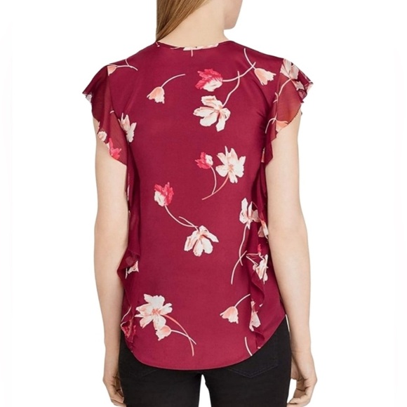 Lauren Ralph Lauren Floral Print Ruffled Crepe Blouse Dark Red Size L - Picture 3 of 4